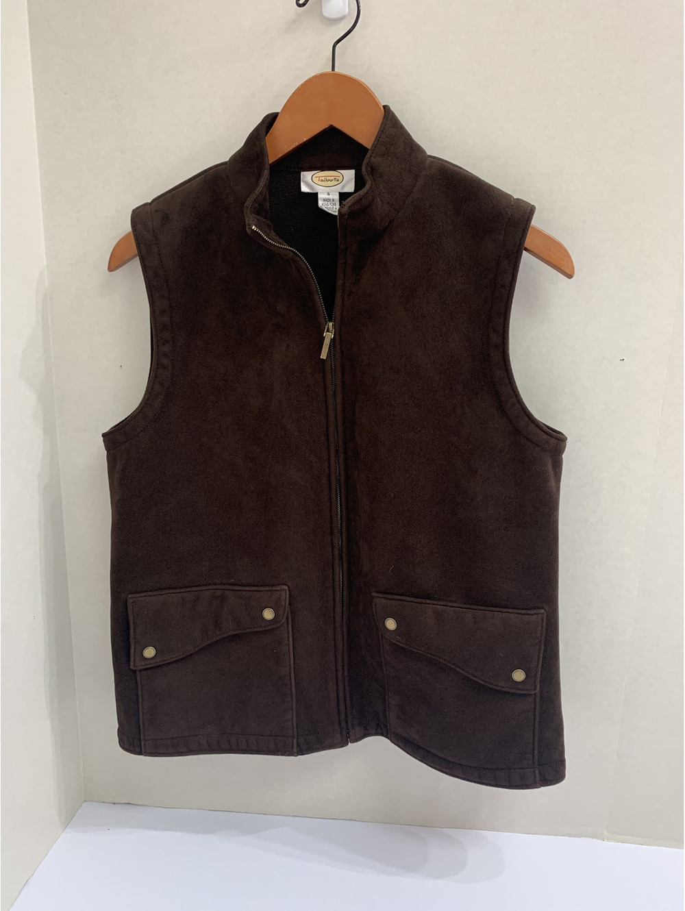 Vintage Talbots Brown Faux Suede Utility Vest Small Full Zip Pocket Y2K